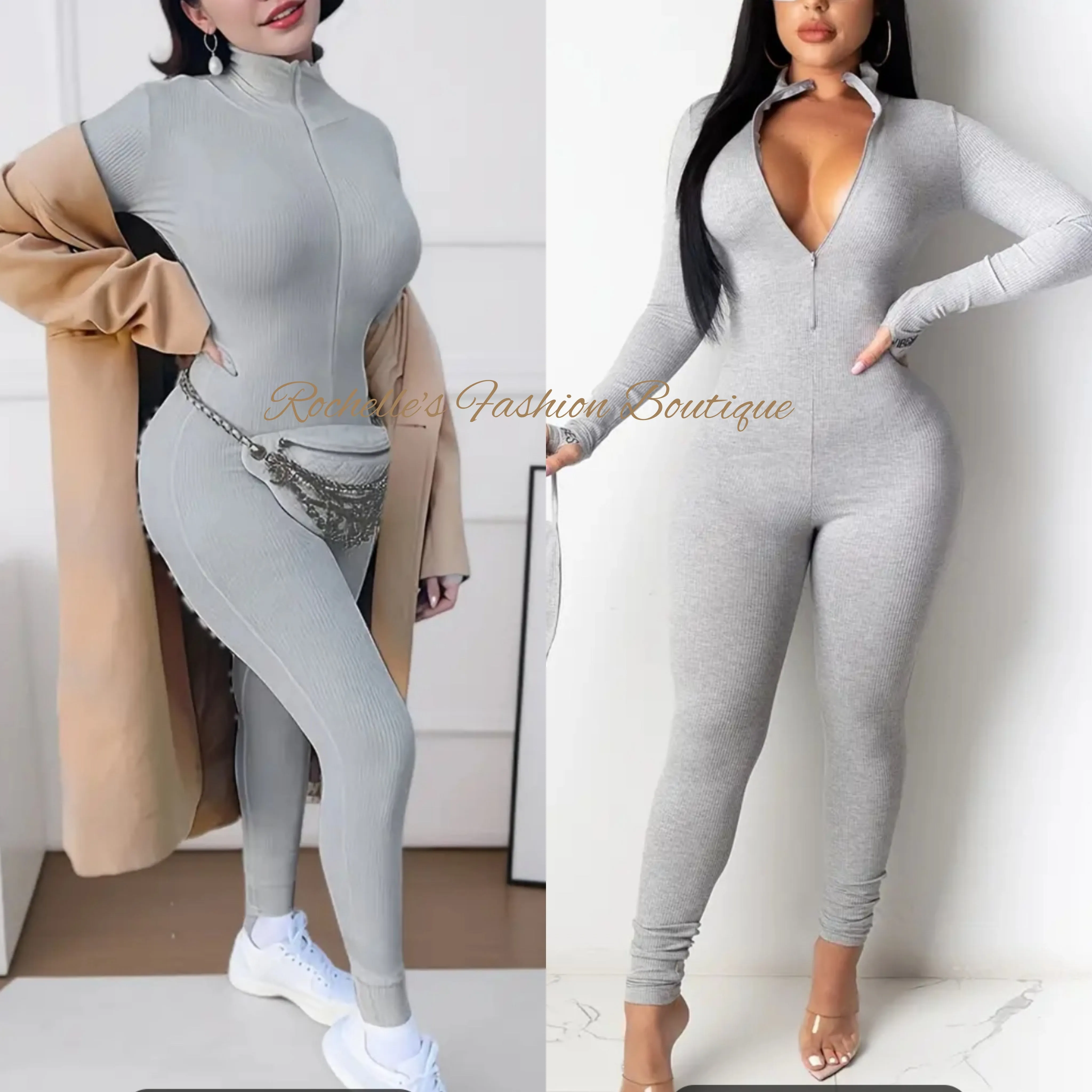 Black Grey Turtleneck Zipper Jumpsuit