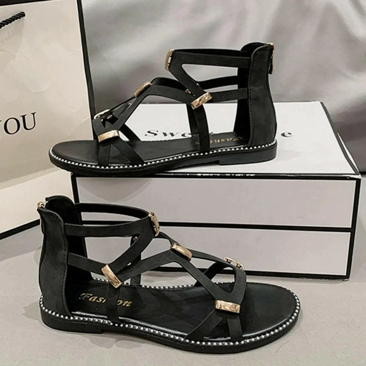 Chic open-toe flat sandals with zipper
