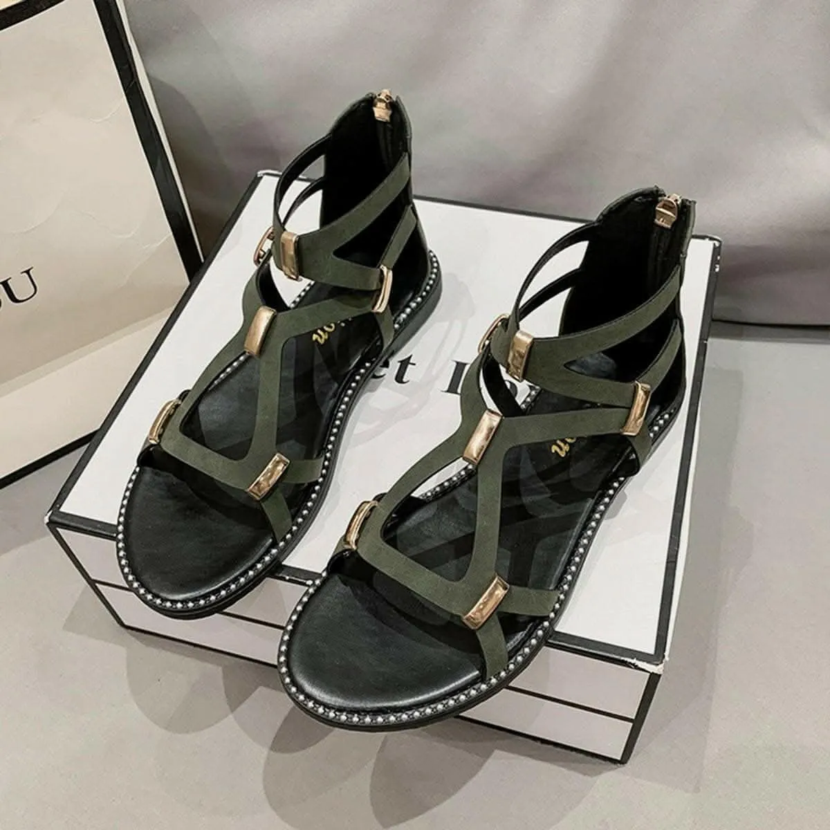 Chic open-toe flat sandals with zipper