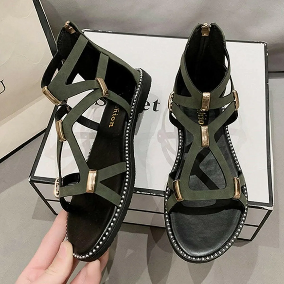 Chic open-toe flat sandals with zipper