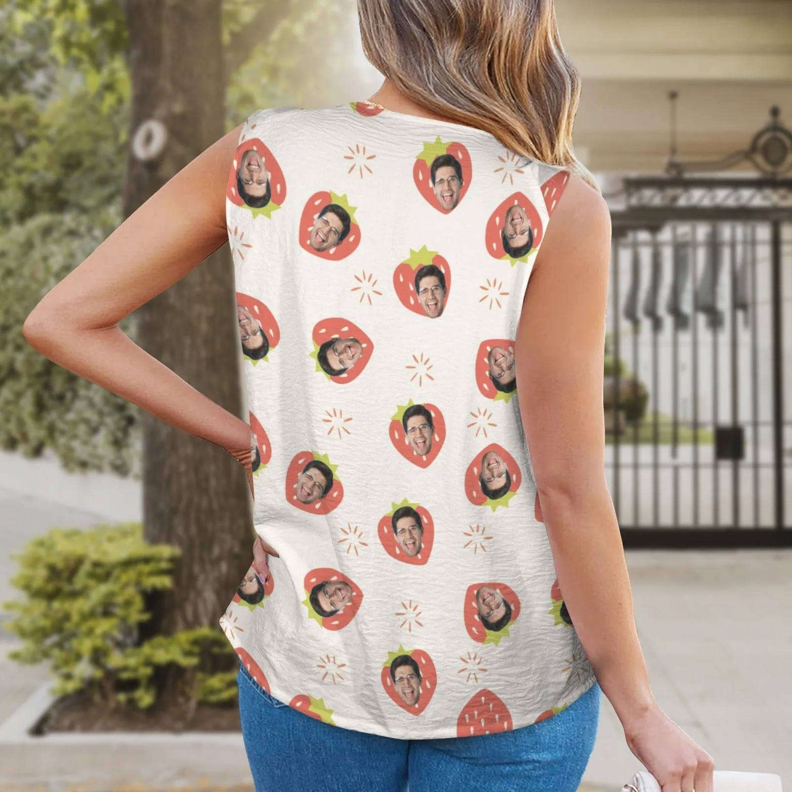 Custom Face Strawberry Top Personalized V-Neck Knotted Sleeveless Tank Tops for Women
