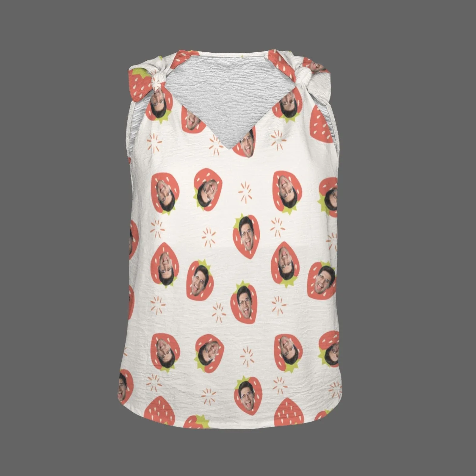 Custom Face Strawberry Top Personalized V-Neck Knotted Sleeveless Tank Tops for Women