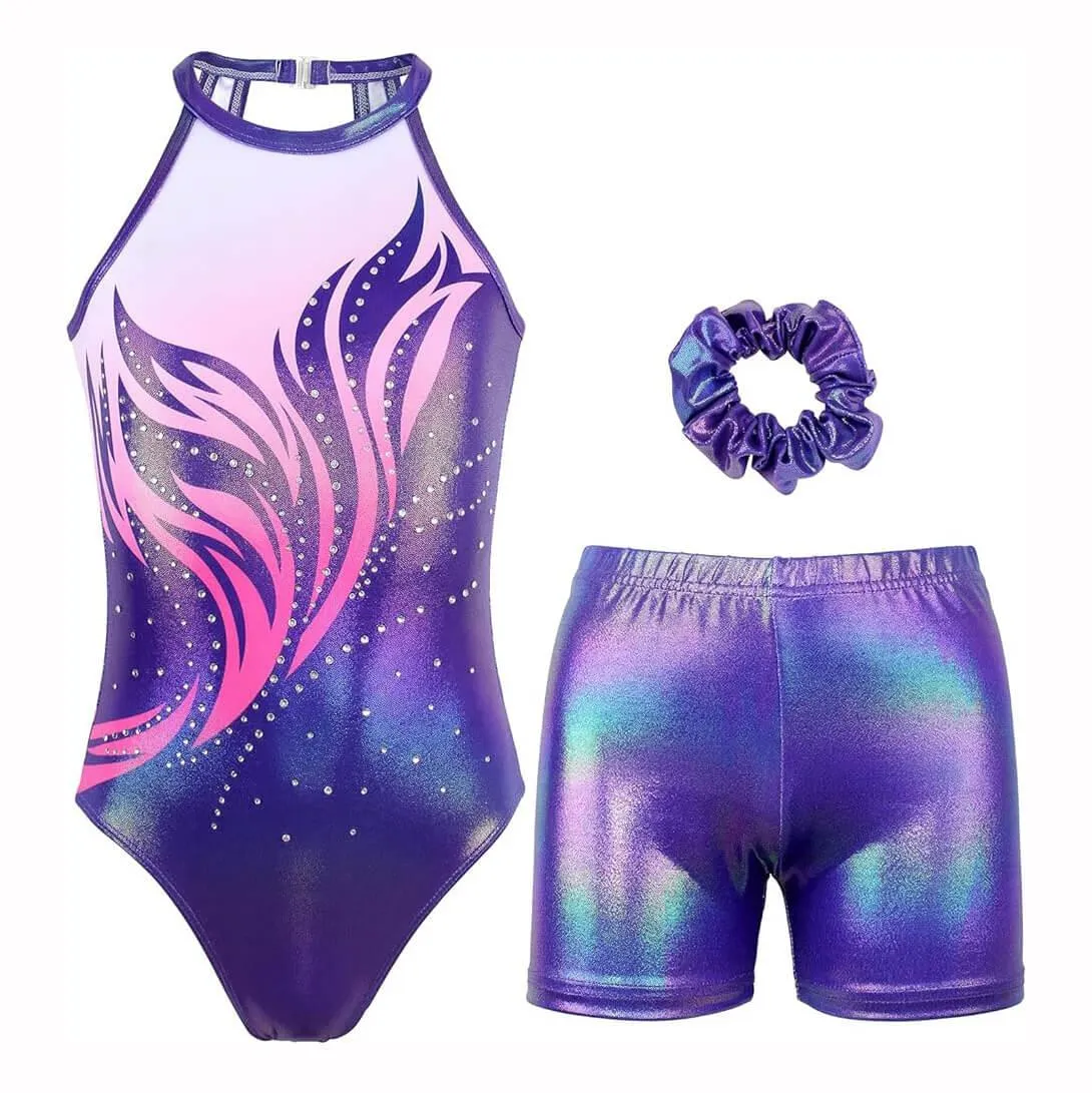 Fierce Purple Open Back Gymnastics Leotard Outfit Set