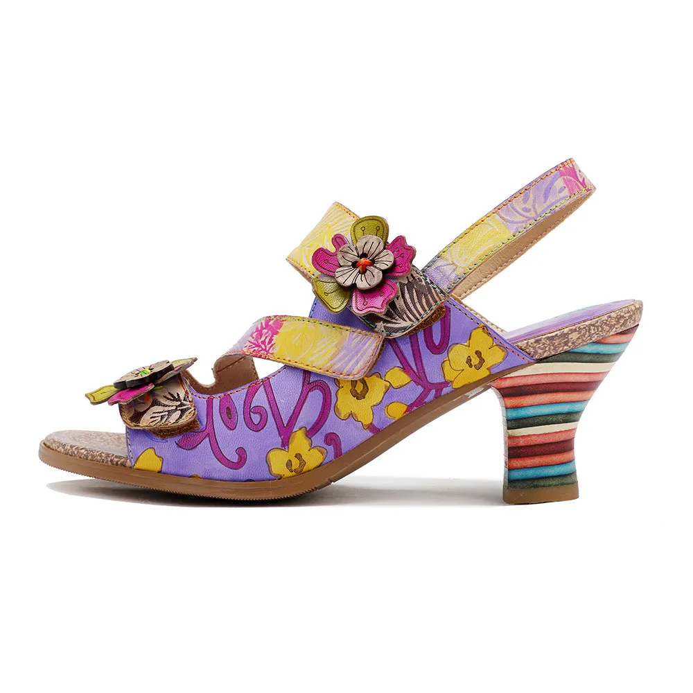 Genuine Leather Hand-polished Retro Three-dimensional Flower Rainbow Comfortable Sandals