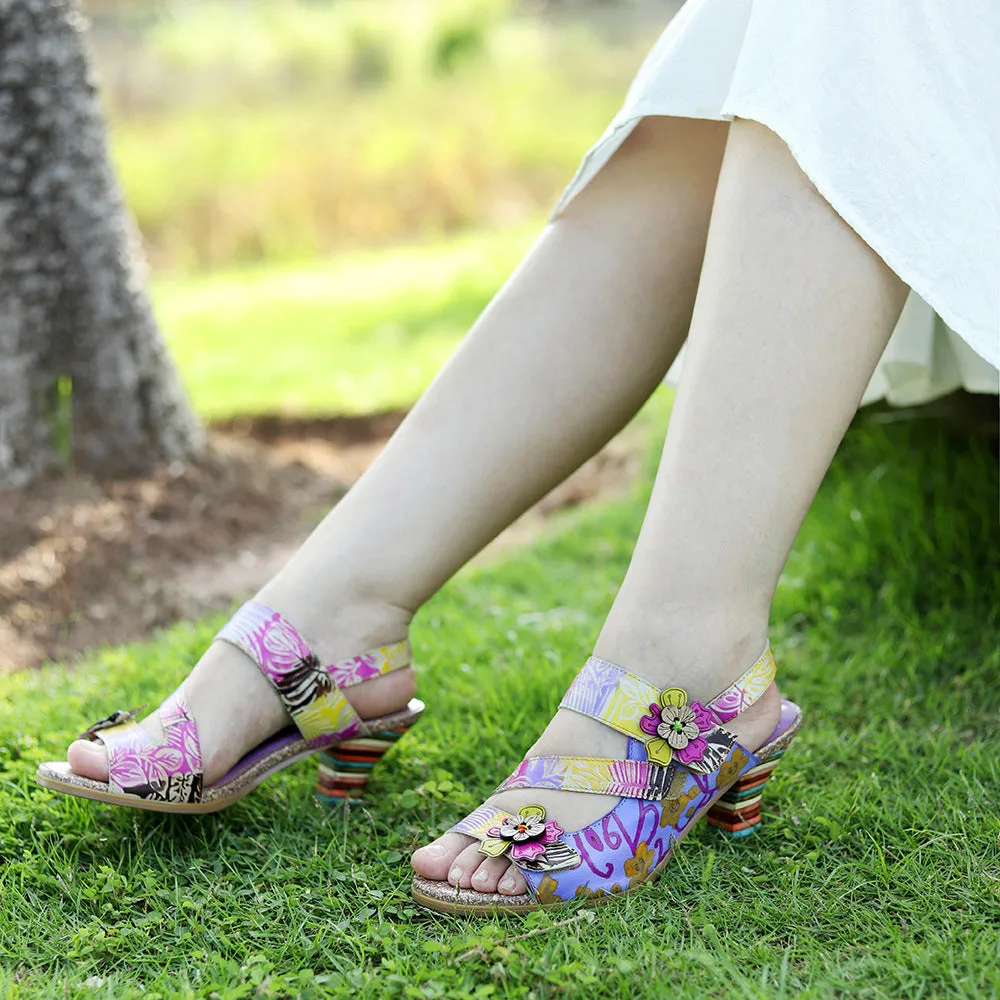 Genuine Leather Hand-polished Retro Three-dimensional Flower Rainbow Comfortable Sandals