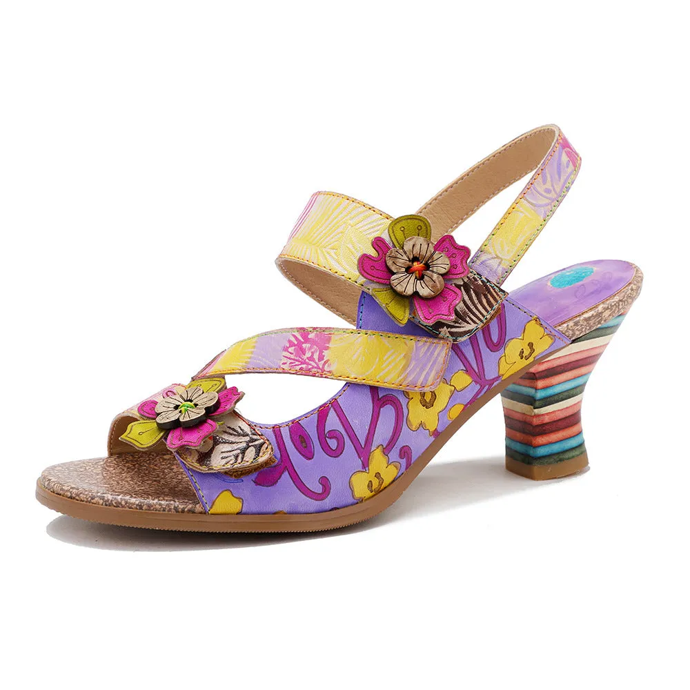 Genuine Leather Hand-polished Retro Three-dimensional Flower Rainbow Comfortable Sandals