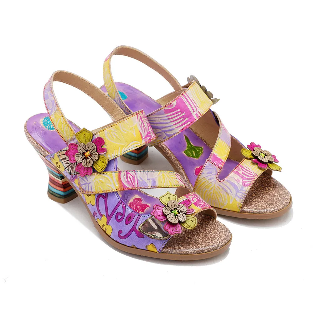 Genuine Leather Hand-polished Retro Three-dimensional Flower Rainbow Comfortable Sandals
