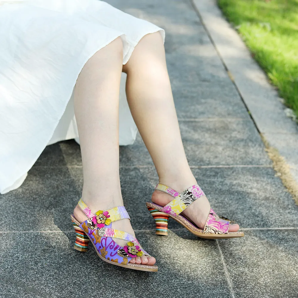 Genuine Leather Hand-polished Retro Three-dimensional Flower Rainbow Comfortable Sandals
