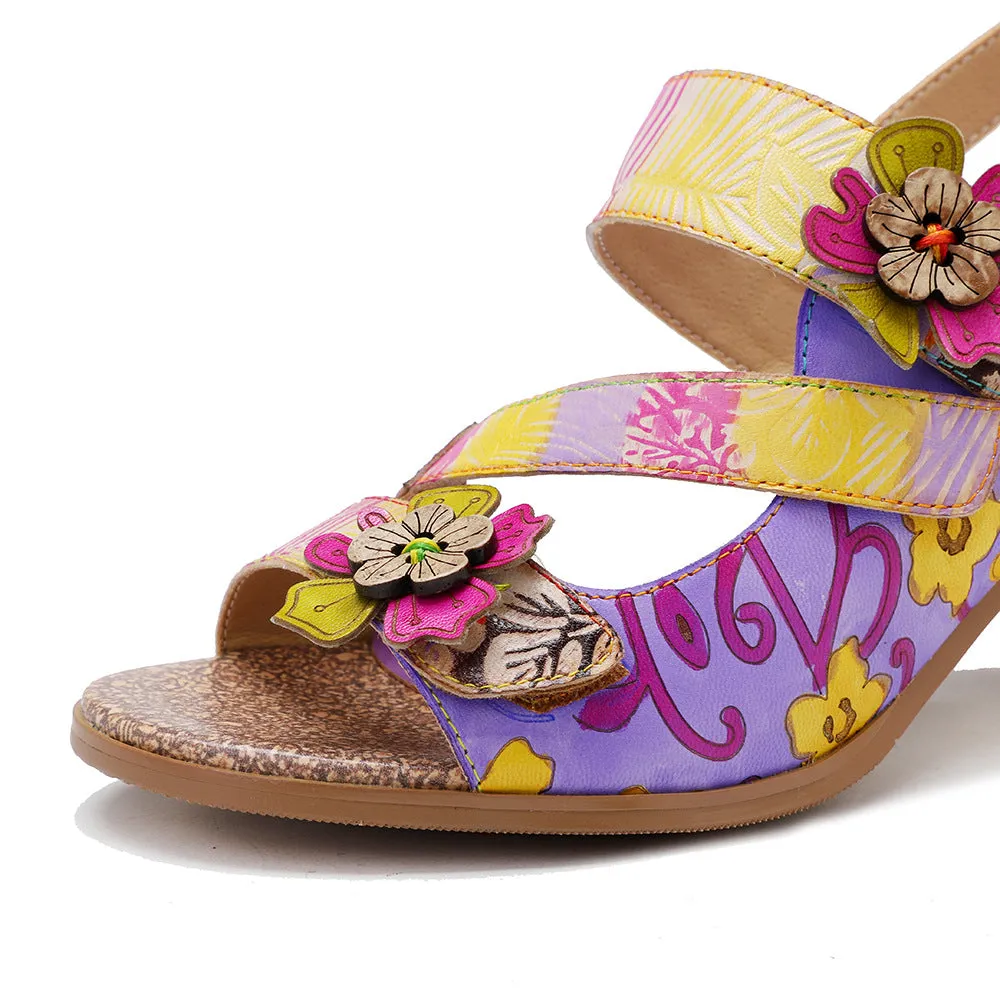 Genuine Leather Hand-polished Retro Three-dimensional Flower Rainbow Comfortable Sandals