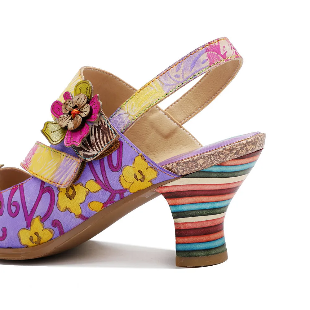 Genuine Leather Hand-polished Retro Three-dimensional Flower Rainbow Comfortable Sandals