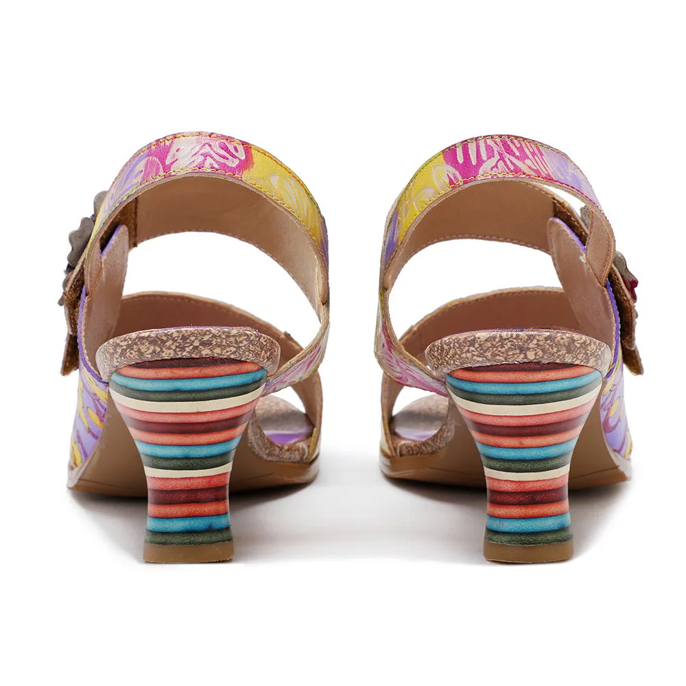 Genuine Leather Hand-polished Retro Three-dimensional Flower Rainbow Comfortable Sandals