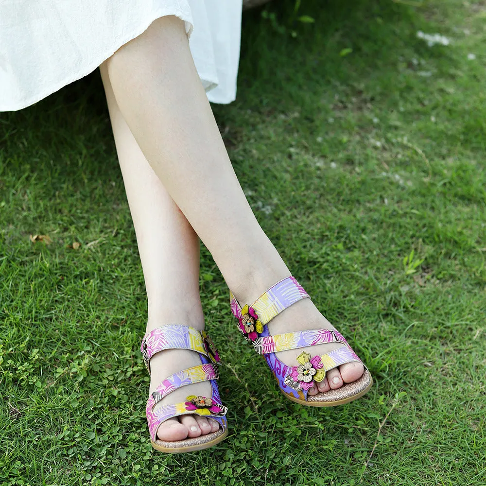 Genuine Leather Hand-polished Retro Three-dimensional Flower Rainbow Comfortable Sandals
