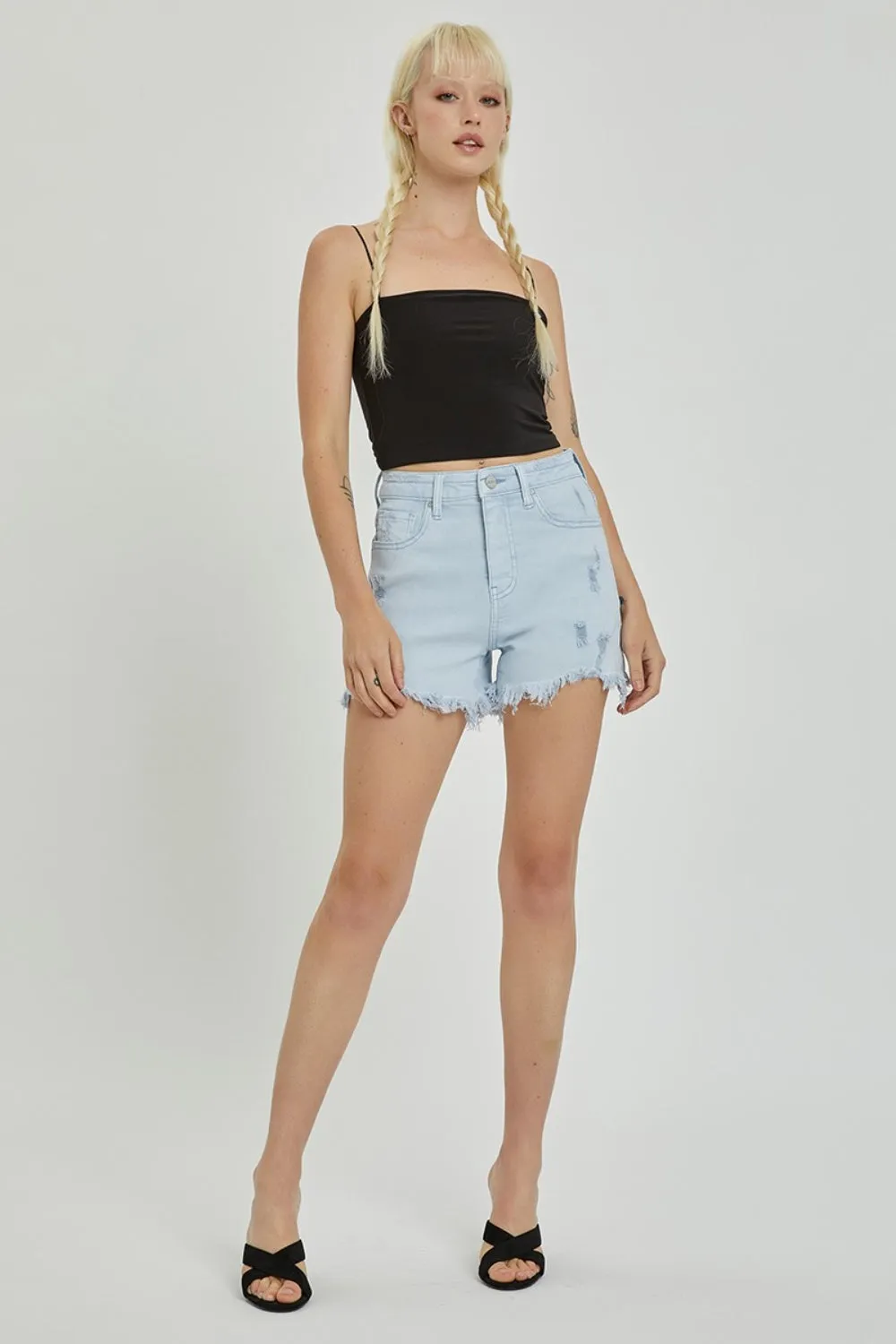 High Rise Distressed Detail Denim Shorts