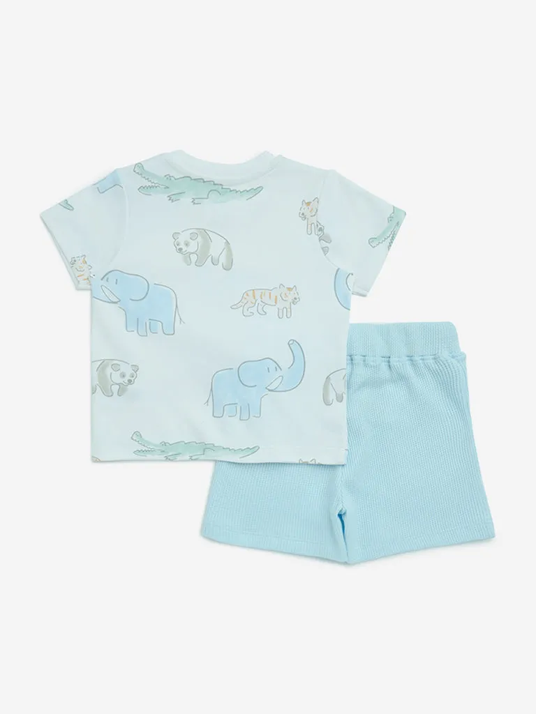 HOP Baby Blue Animal Printed Cotton T-Shirt with Shorts Set