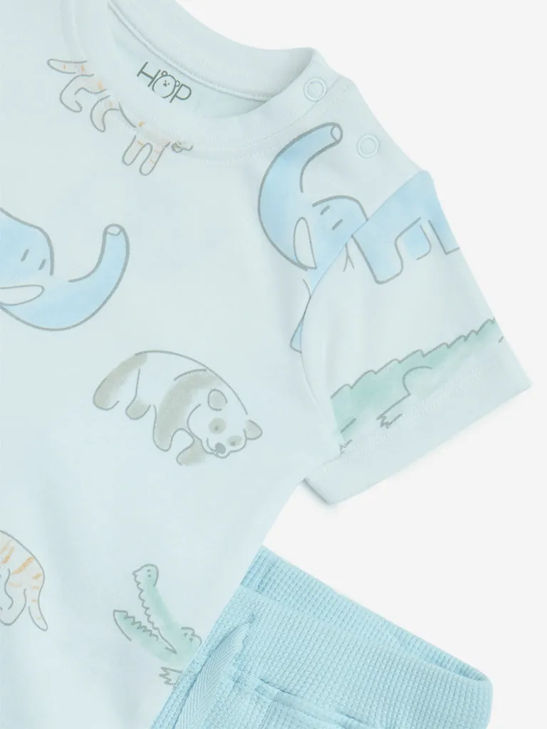 HOP Baby Blue Animal Printed Cotton T-Shirt with Shorts Set