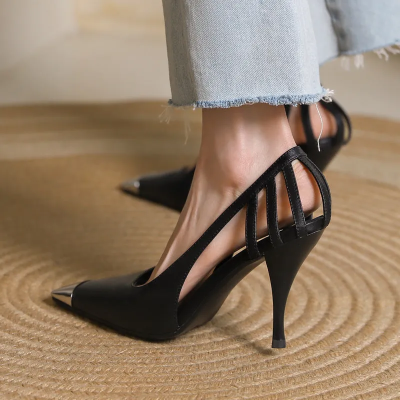 Metallic Square Toe Leather Slip On Sandals
