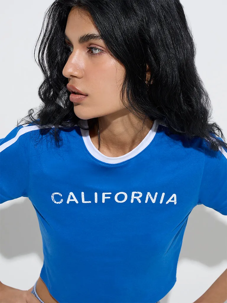 Nuon Blue Text Printed Cotton T-Shirt