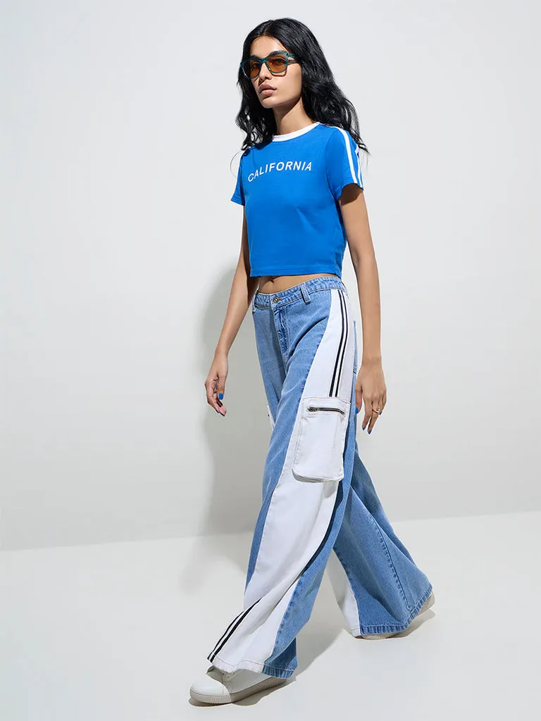 Nuon Blue Text Printed Cotton T-Shirt