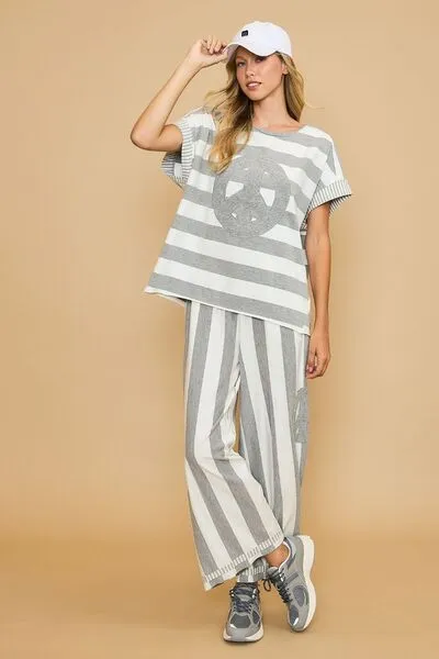 Peace Sign Patch Striped Wide Leg Pants