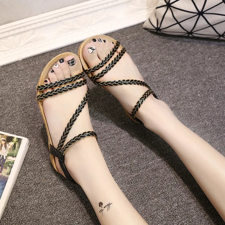 Rattan Grass Open Toe Ankle Strap Flat Sandals