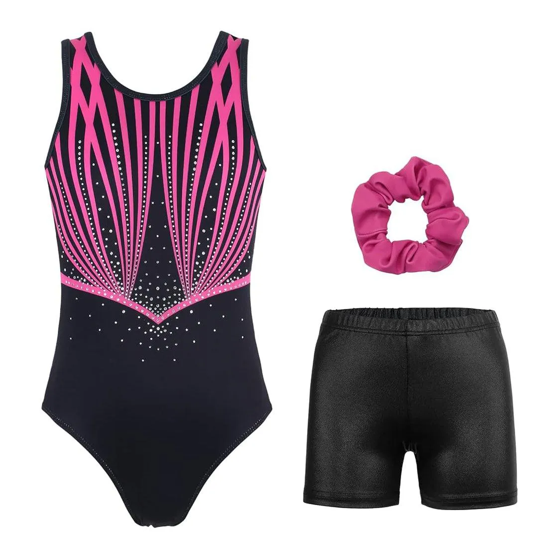 Rose Red Line Diamond Gymnastics Leotard with Shorts Set