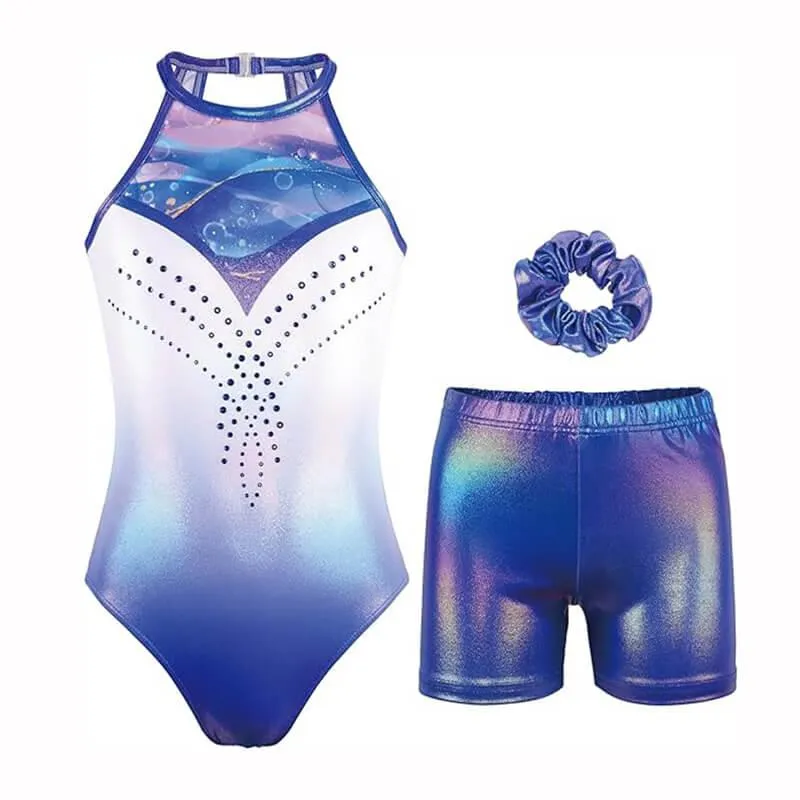 Royal Blue Necklace Clasp Back Gymnastics Leotard Outfit Set