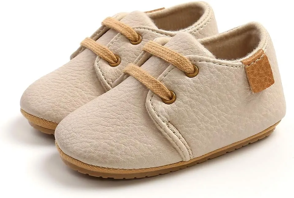SOFMUO Baby Boys Girls Lace Up Leather Sneakers Soft Rubber Sole Infant Moccasins Newborn Oxford Loafers Anti-Slip Toddler Wedding Uniform Dress Shoes
