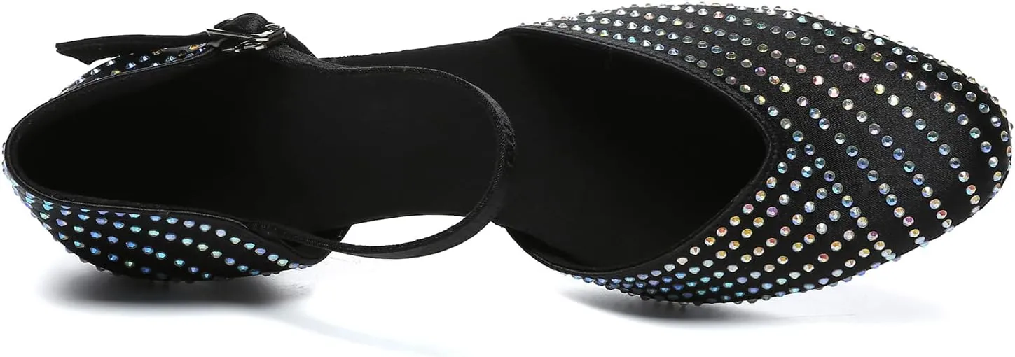 SWDZM Ballroom Dance Shoes Rhinestone Closed Toe Salsa Waltz Charater Dancing Heels