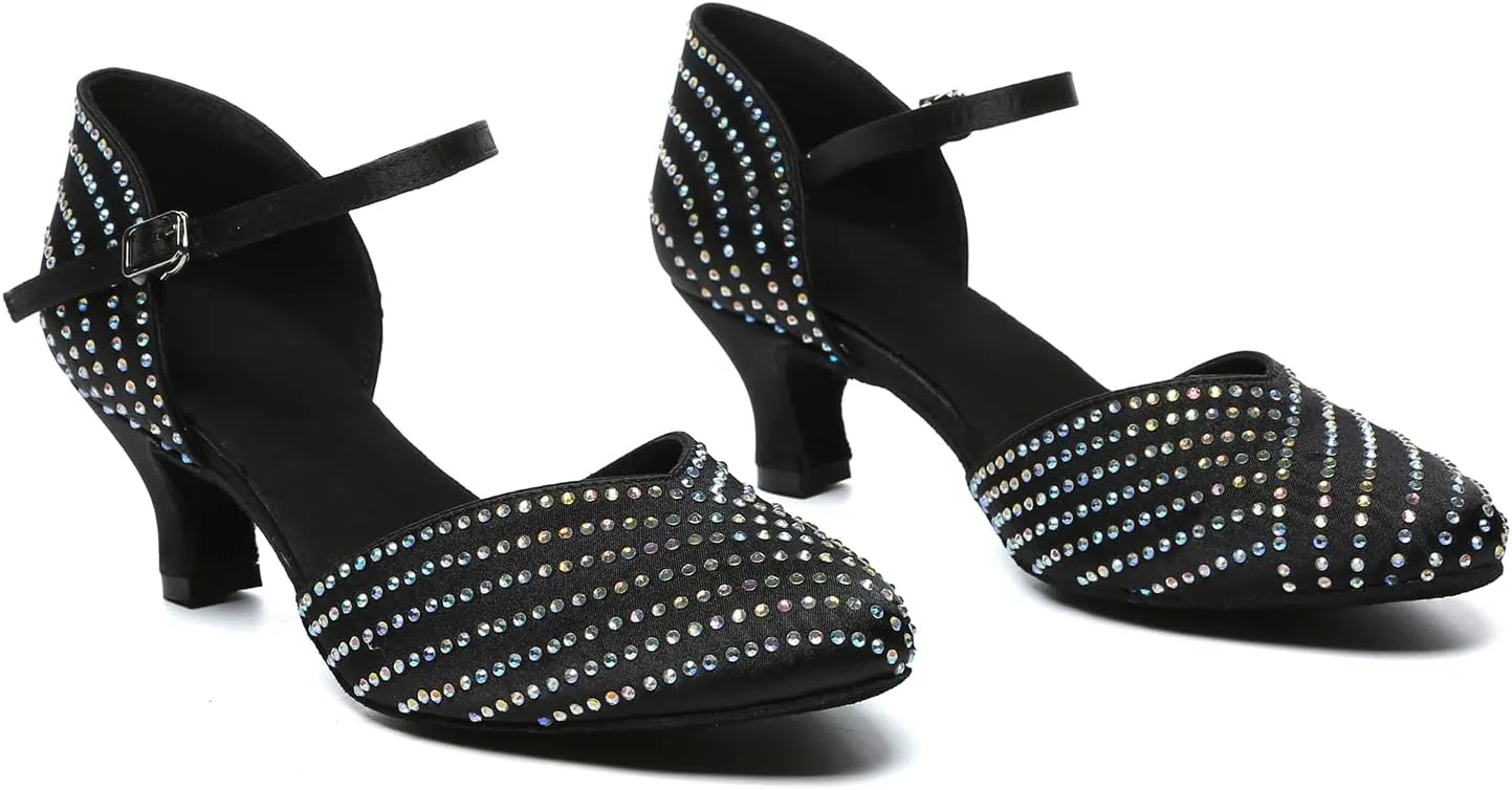 SWDZM Ballroom Dance Shoes Rhinestone Closed Toe Salsa Waltz Charater Dancing Heels