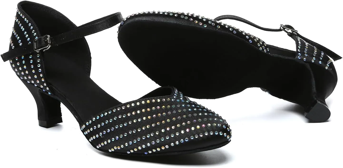 SWDZM Ballroom Dance Shoes Rhinestone Closed Toe Salsa Waltz Charater Dancing Heels