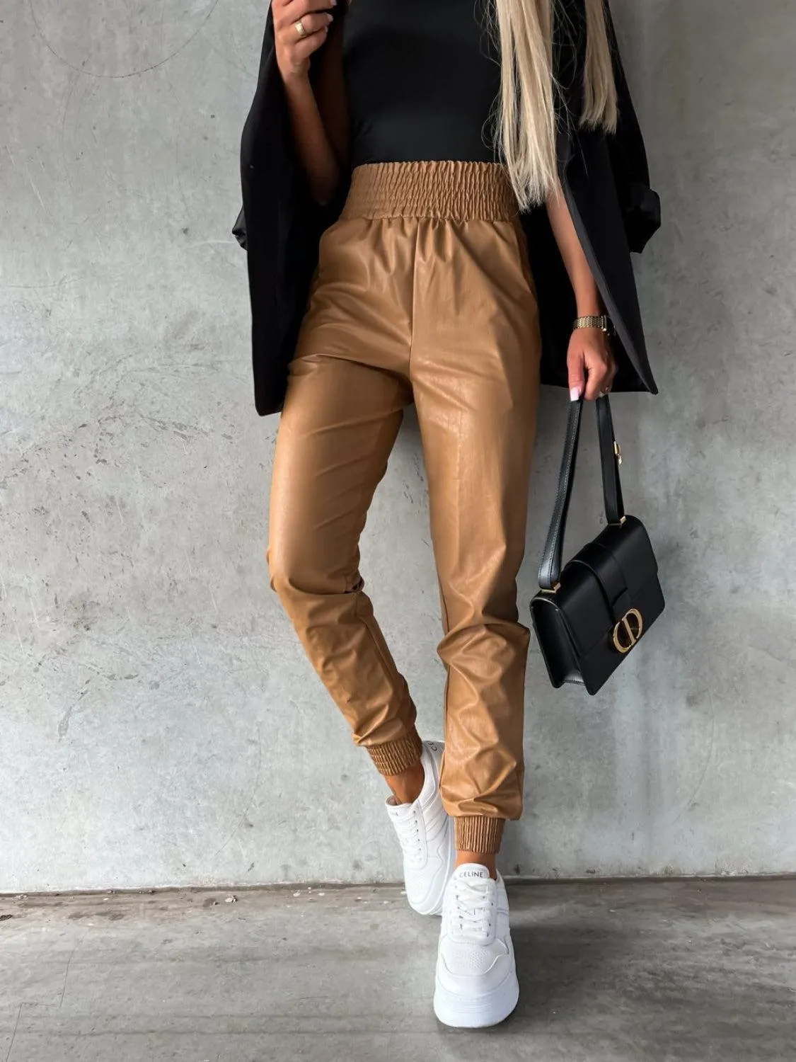 Versatile High Waist Faux Leather Jogger Pants