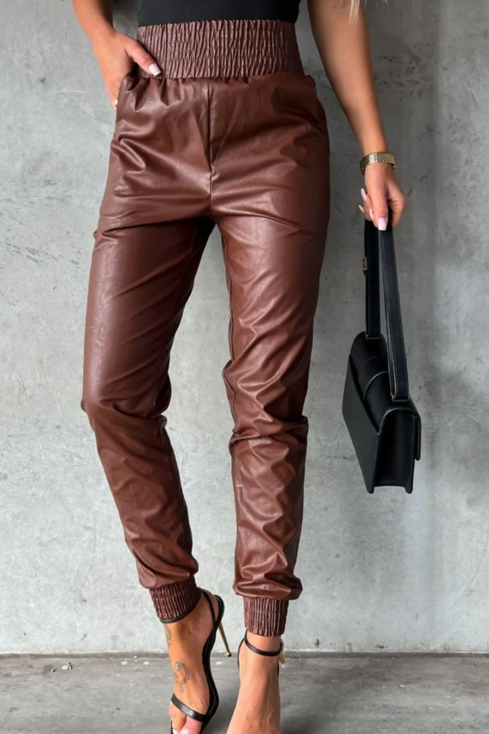 Versatile High Waist Faux Leather Jogger Pants