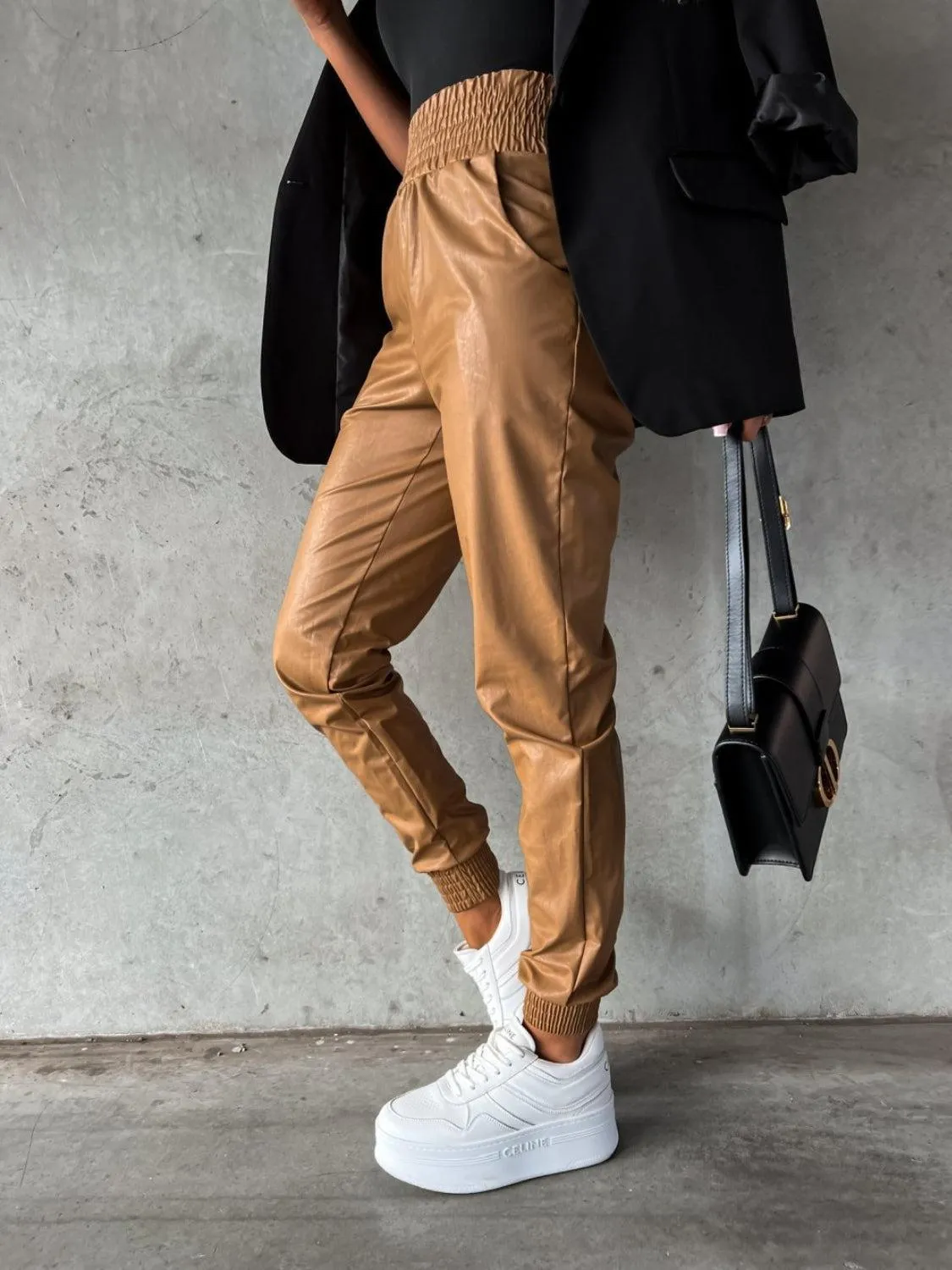 Versatile High Waist Faux Leather Jogger Pants