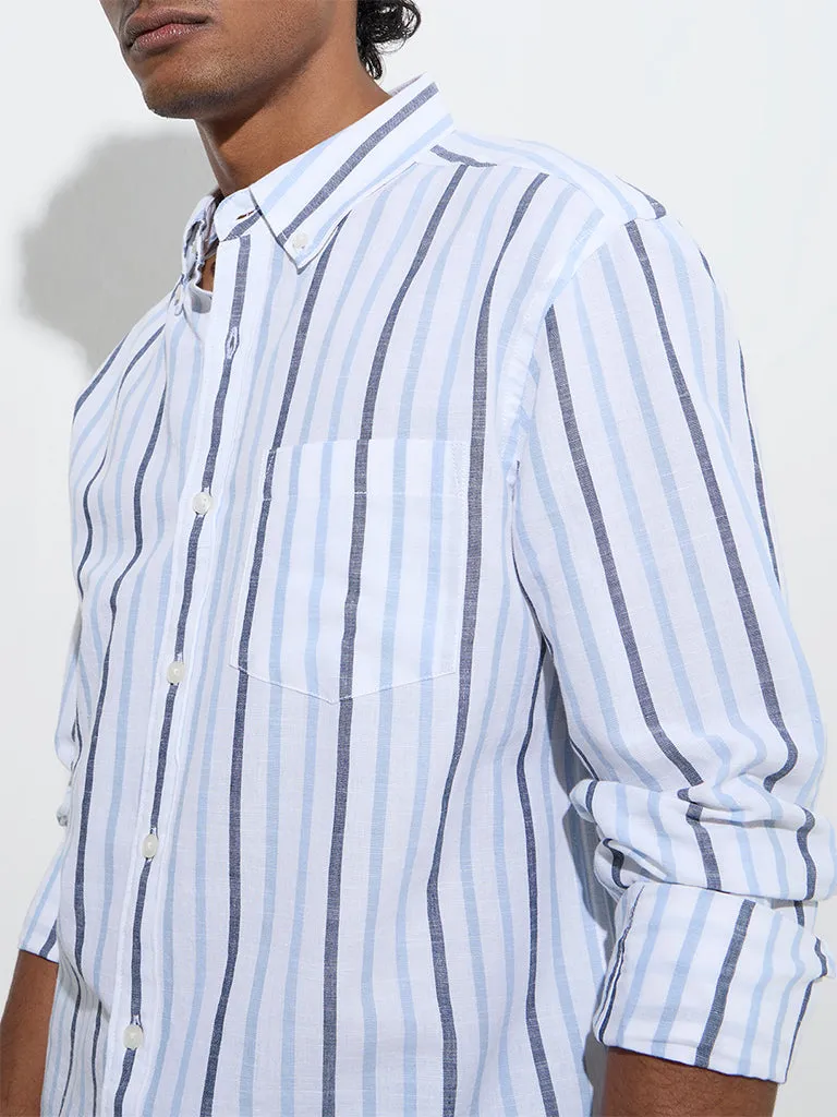 WES Casuals Blue Striped Relaxed-Fit Cotton-Blend Shirt