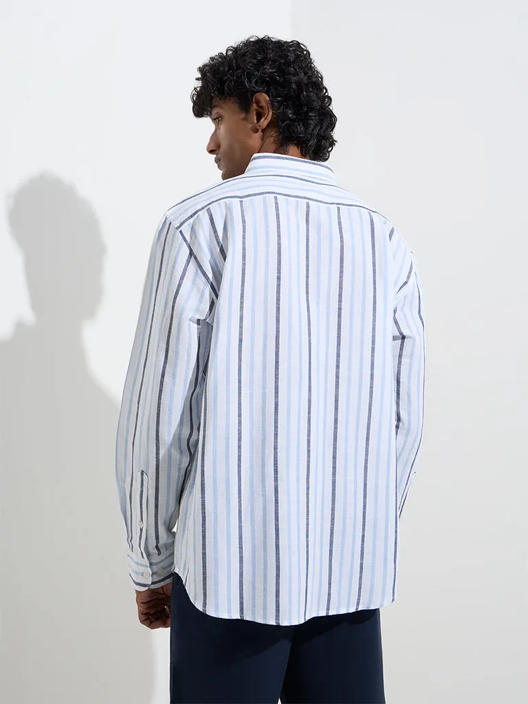 WES Casuals Blue Striped Relaxed-Fit Cotton-Blend Shirt