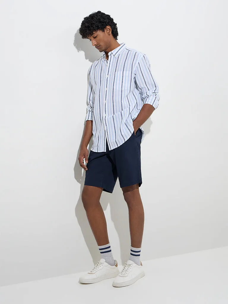 WES Casuals Blue Striped Relaxed-Fit Cotton-Blend Shirt