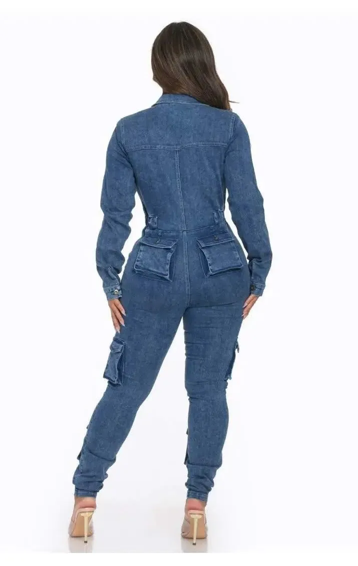 Women's Cargo Denim Jumpsuit