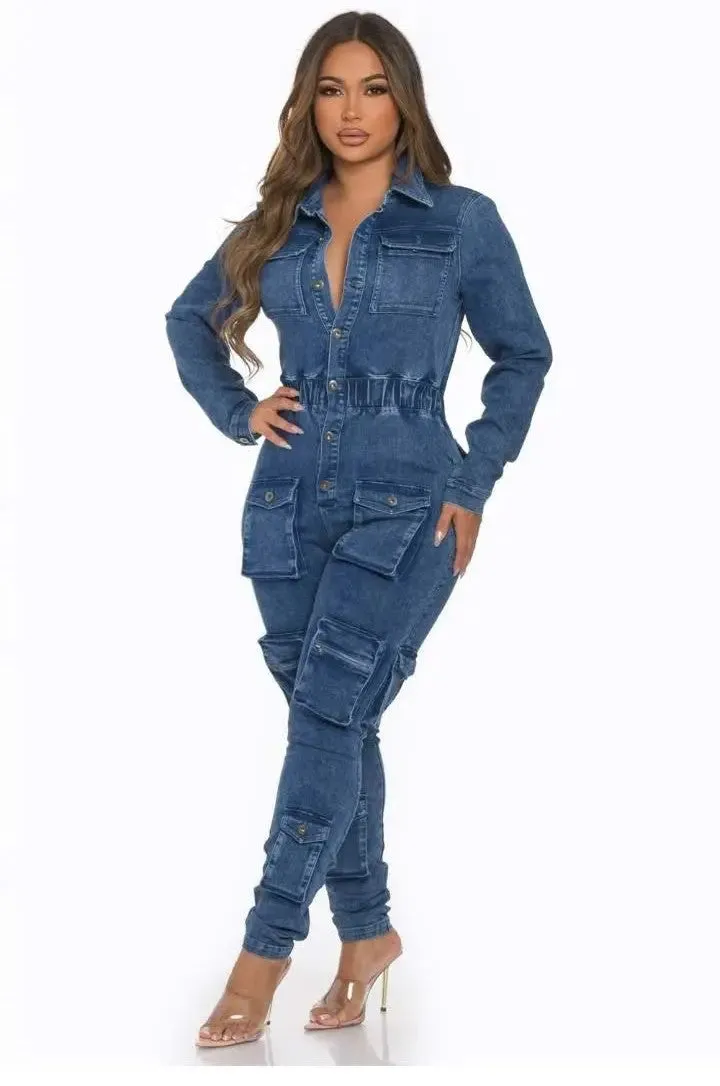 Women's Cargo Denim Jumpsuit